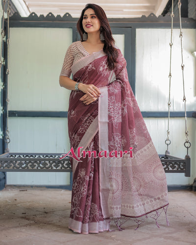 Pure Cotton Linen Saree Weaved With  Zari Comes With Tassels