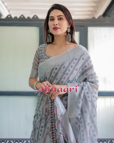 Pure Cotton Linen Saree Weaved With  Zari Comes With Tassels