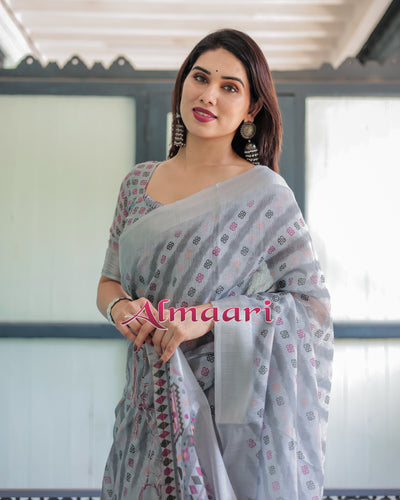 Pure Cotton Linen Saree Weaved With  Zari Comes With Tassels