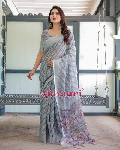 Pure Cotton Linen Saree Weaved With  Zari Comes With Tassels