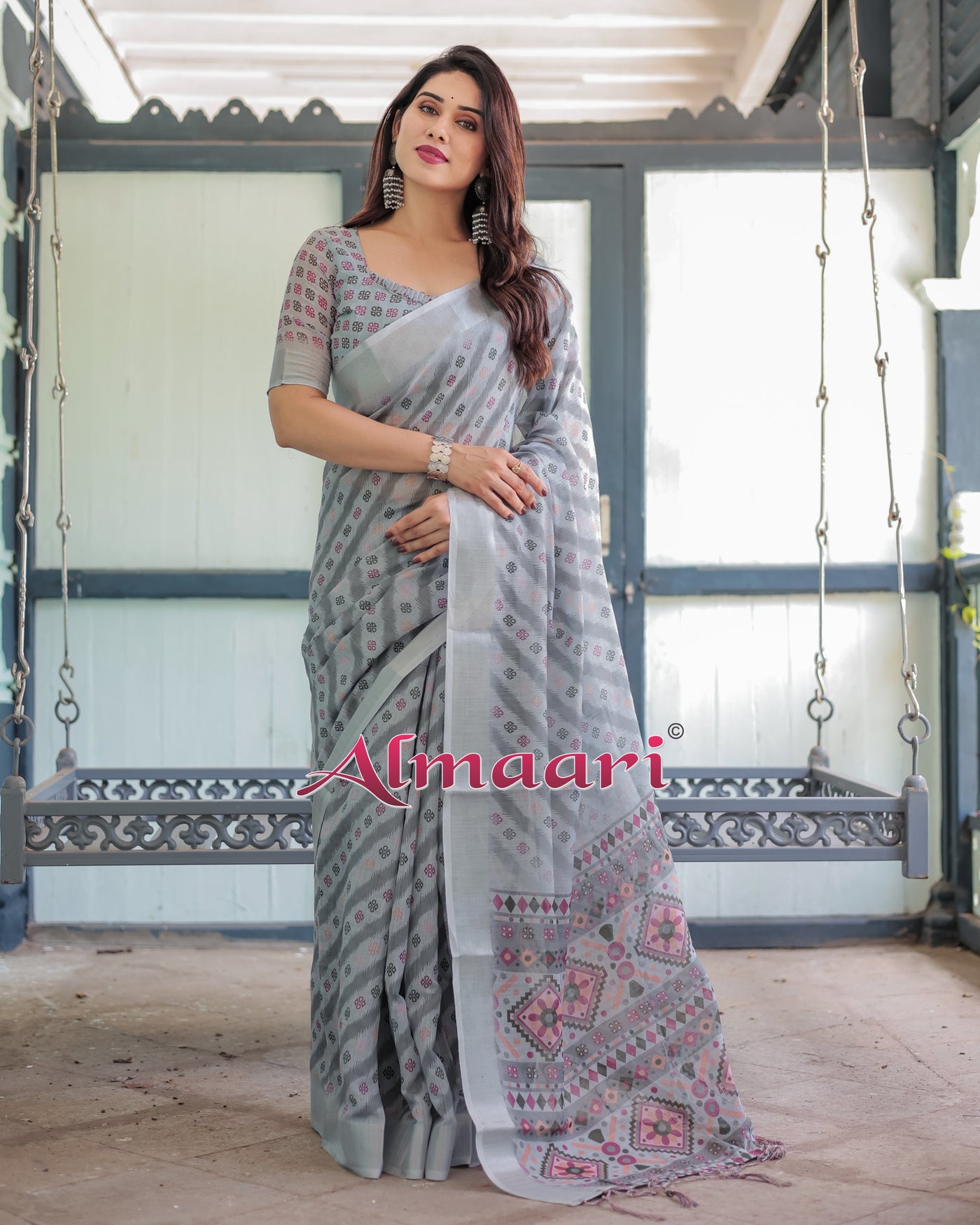 Pure Cotton Linen Saree Weaved With  Zari Comes With Tassels