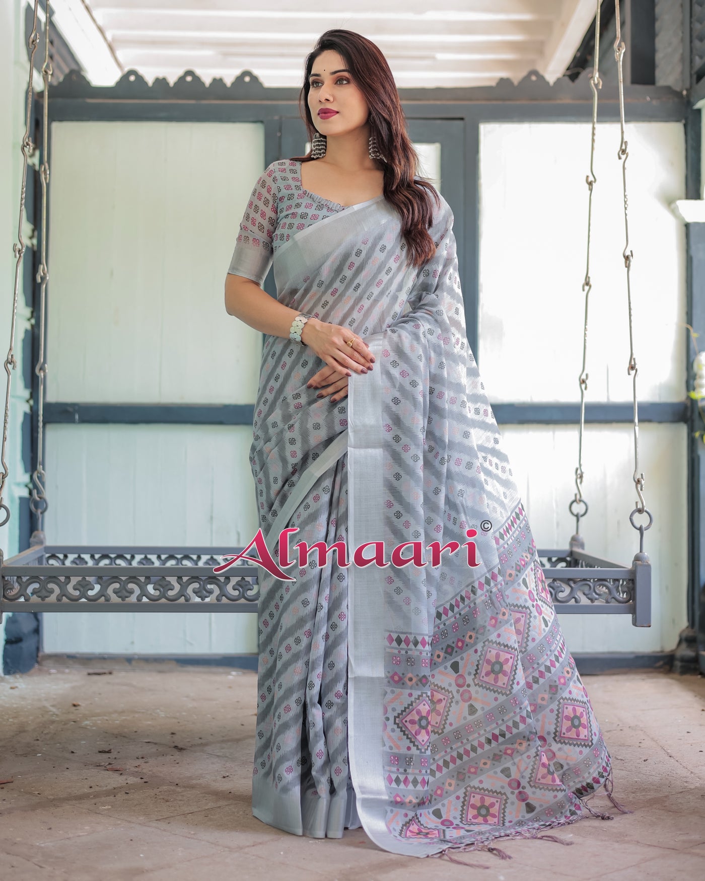 Pure Cotton Linen Saree Weaved With  Zari Comes With Tassels