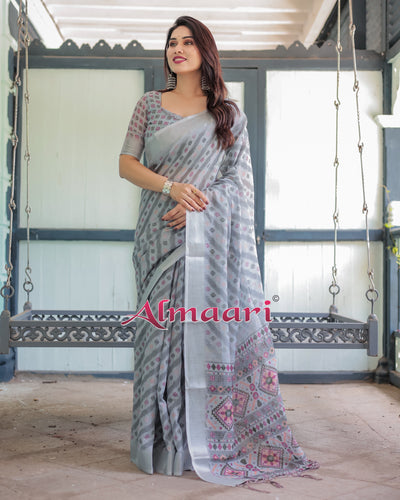 Pure Cotton Linen Saree Weaved With  Zari Comes With Tassels