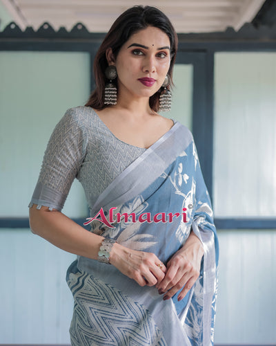 Pure Cotton Linen Saree Weaved With  Zari Comes With Tassels