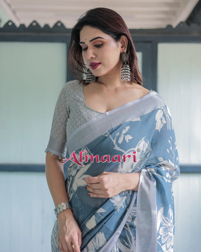 Pure Cotton Linen Saree Weaved With  Zari Comes With Tassels