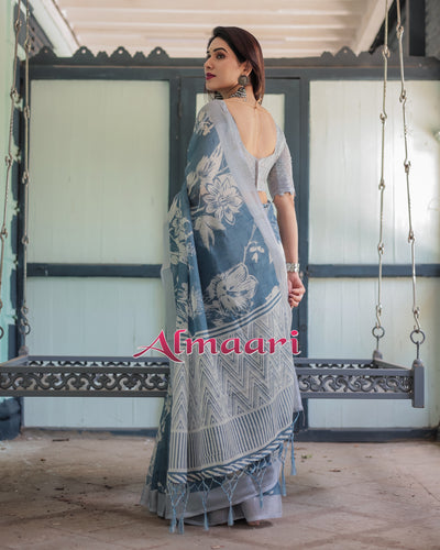 Pure Cotton Linen Saree Weaved With  Zari Comes With Tassels