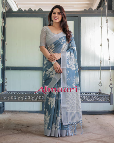 Pure Cotton Linen Saree Weaved With  Zari Comes With Tassels