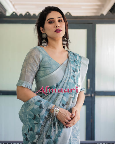 Pure Cotton Linen Saree Weaved With  Zari Comes With Tassels