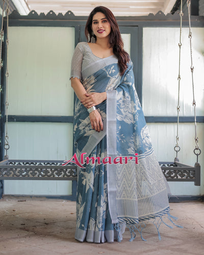 Pure Cotton Linen Saree Weaved With  Zari Comes With Tassels