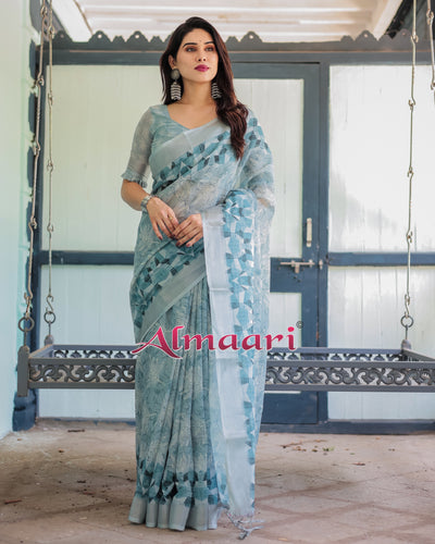 Pure Cotton Linen Saree Weaved With  Zari Comes With Tassels