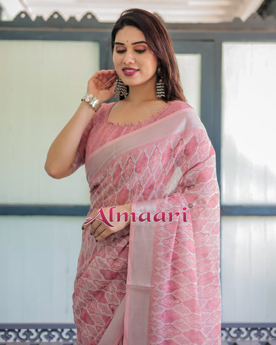 Pure Cotton Linen Saree Weaved With  Zari Comes With Tassels