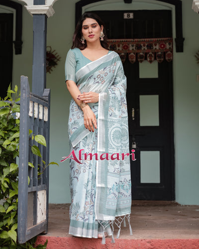 Pure Cotton Linen Saree Weaved With  Zari Comes With Tassels