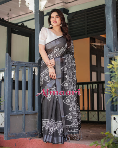 Pure Cotton Linen Saree Weaved With  Zari Comes With Tassels