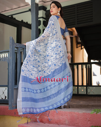 Pure Cotton Linen Saree Weaved With  Zari Comes With Tassels