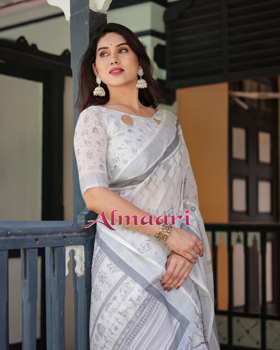 Pure Cotton Linen Saree Weaved With  Zari Comes With Tassels