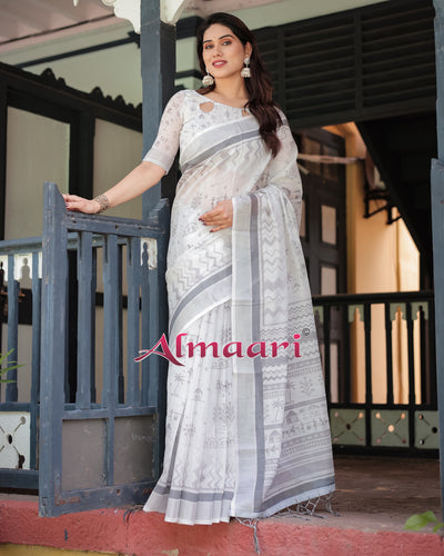 Pure Cotton Linen Saree Weaved With  Zari Comes With Tassels