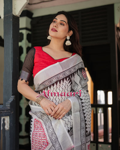 Pure Cotton Linen Saree Weaved With  Zari Comes With Tassels