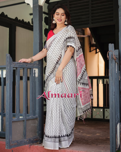 Pure Cotton Linen Saree Weaved With  Zari Comes With Tassels