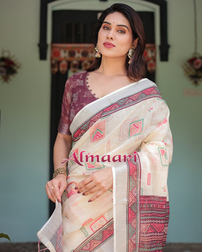 Pure Cotton Linen Saree Weaved With  Zari Comes With Tassels