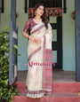 Pure Cotton Linen Saree Weaved With  Zari Comes With Tassels