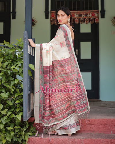 Pure Cotton Linen Saree Weaved With  Zari Comes With Tassels