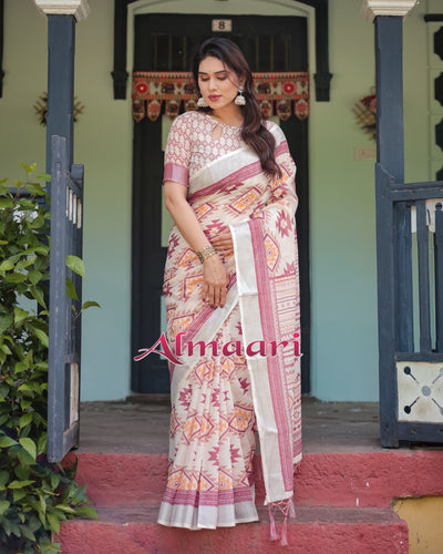 Pure Cotton Linen Saree Weaved With  Zari Comes With Tassels