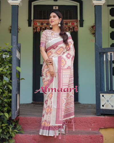 Pure Cotton Linen Saree Weaved With  Zari Comes With Tassels