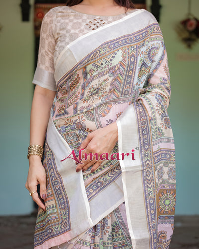 Pure Cotton Linen Saree Weaved With  Zari Comes With Tassels