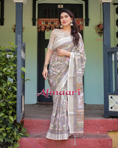 Pure Cotton Linen Saree Weaved With  Zari Comes With Tassels