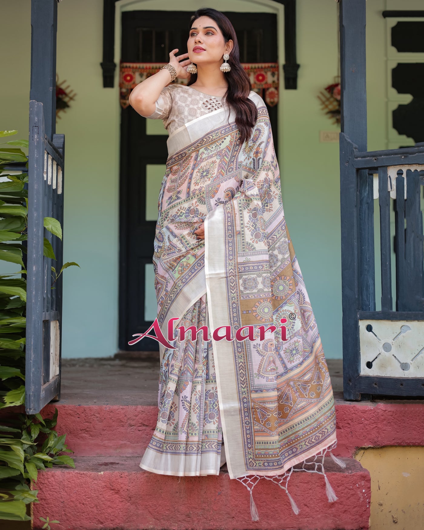 Pure Cotton Linen Saree Weaved With  Zari Comes With Tassels