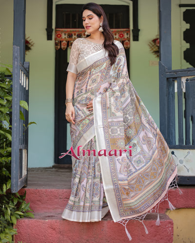 Pure Cotton Linen Saree Weaved With  Zari Comes With Tassels