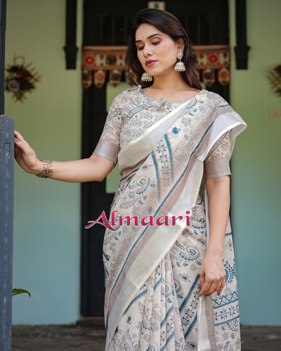 Pure Cotton Linen Saree Weaved With  Zari Comes With Tassels