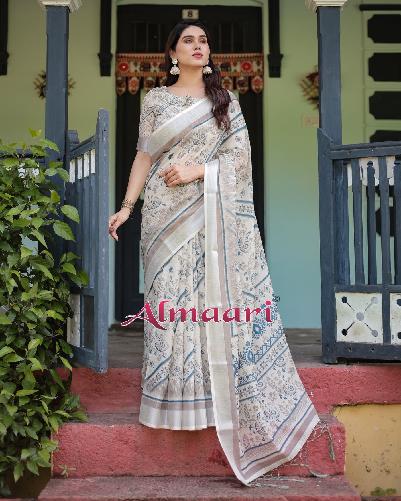 Pure Cotton Linen Saree Weaved With  Zari Comes With Tassels - Almaari Fashion