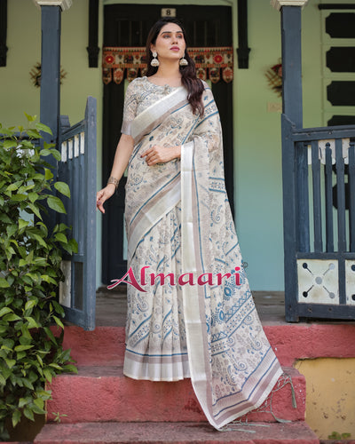 Pure Cotton Linen Saree Weaved With  Zari Comes With Tassels