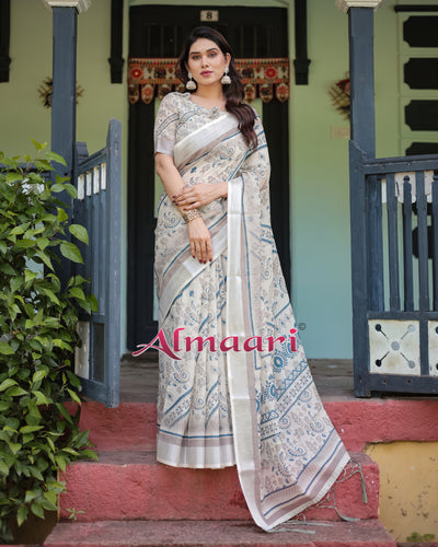 Pure Cotton Linen Saree Weaved With  Zari Comes With Tassels