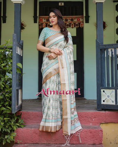 Pure Cotton Linen Saree Weaved With  Zari Comes With Tassels