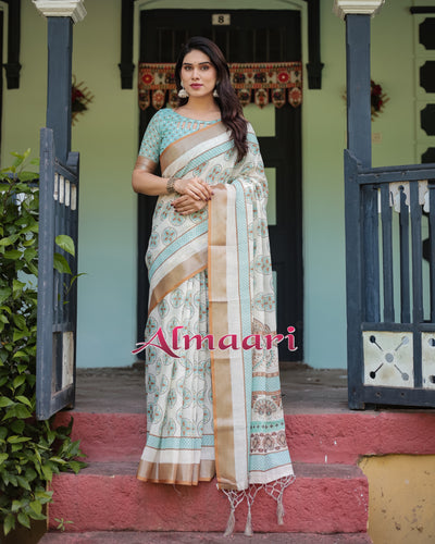 Pure Cotton Linen Saree Weaved With  Zari Comes With Tassels