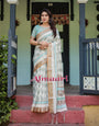 Pure Cotton Linen Saree Weaved With  Zari Comes With Tassels