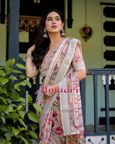 Pure Cotton Linen Saree Weaved With  Zari Comes With Tassels