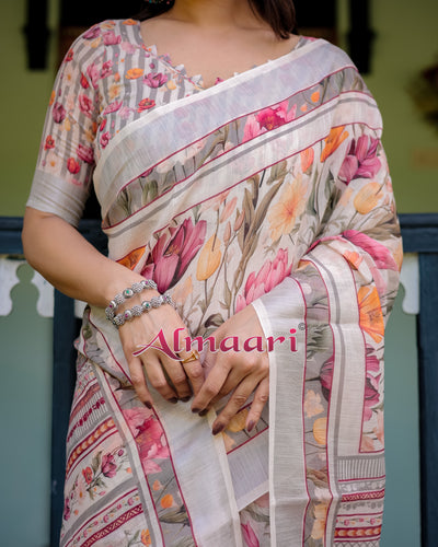 Pure Cotton Linen Saree Weaved With  Zari Comes With Tassels