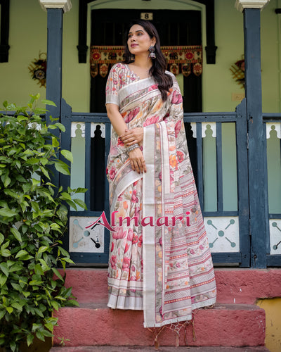 Pure Cotton Linen Saree Weaved With  Zari Comes With Tassels