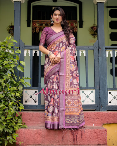 Pure Cotton Linen Saree Weaved With  Zari Comes With Tassels