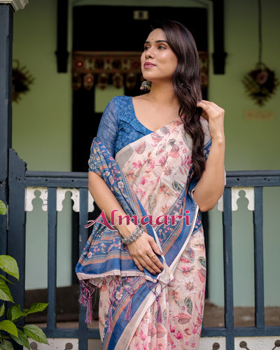 Pure Cotton Linen Saree Weaved With  Zari Comes With Tassels