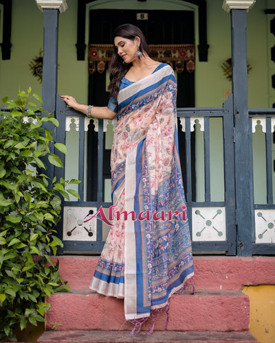 Pure Cotton Linen Saree Weaved With  Zari Comes With Tassels