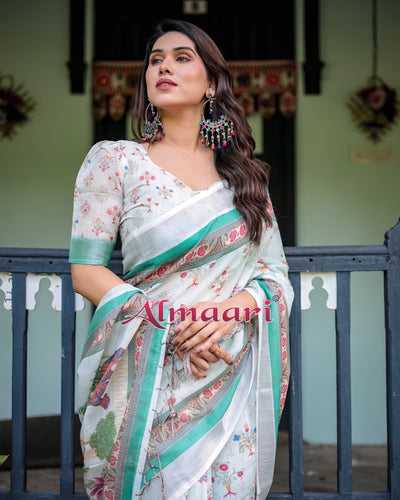 Pure Cotton Linen Saree Weaved With  Zari Comes With Tassels