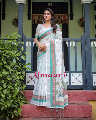 Pure Cotton Linen Saree Weaved With  Zari Comes With Tassels