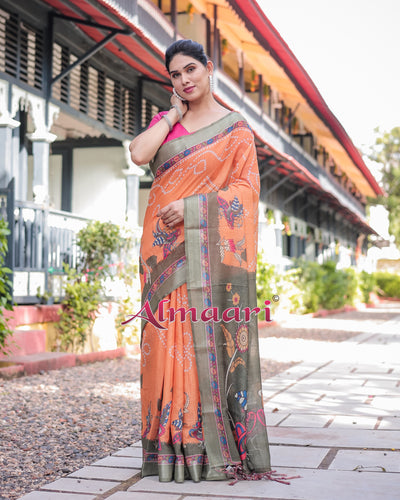 Pure Cotton Linen Saree Weaved With  Zari Comes With Tassels