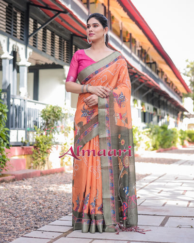 Pure Cotton Linen Saree Weaved With  Zari Comes With Tassels