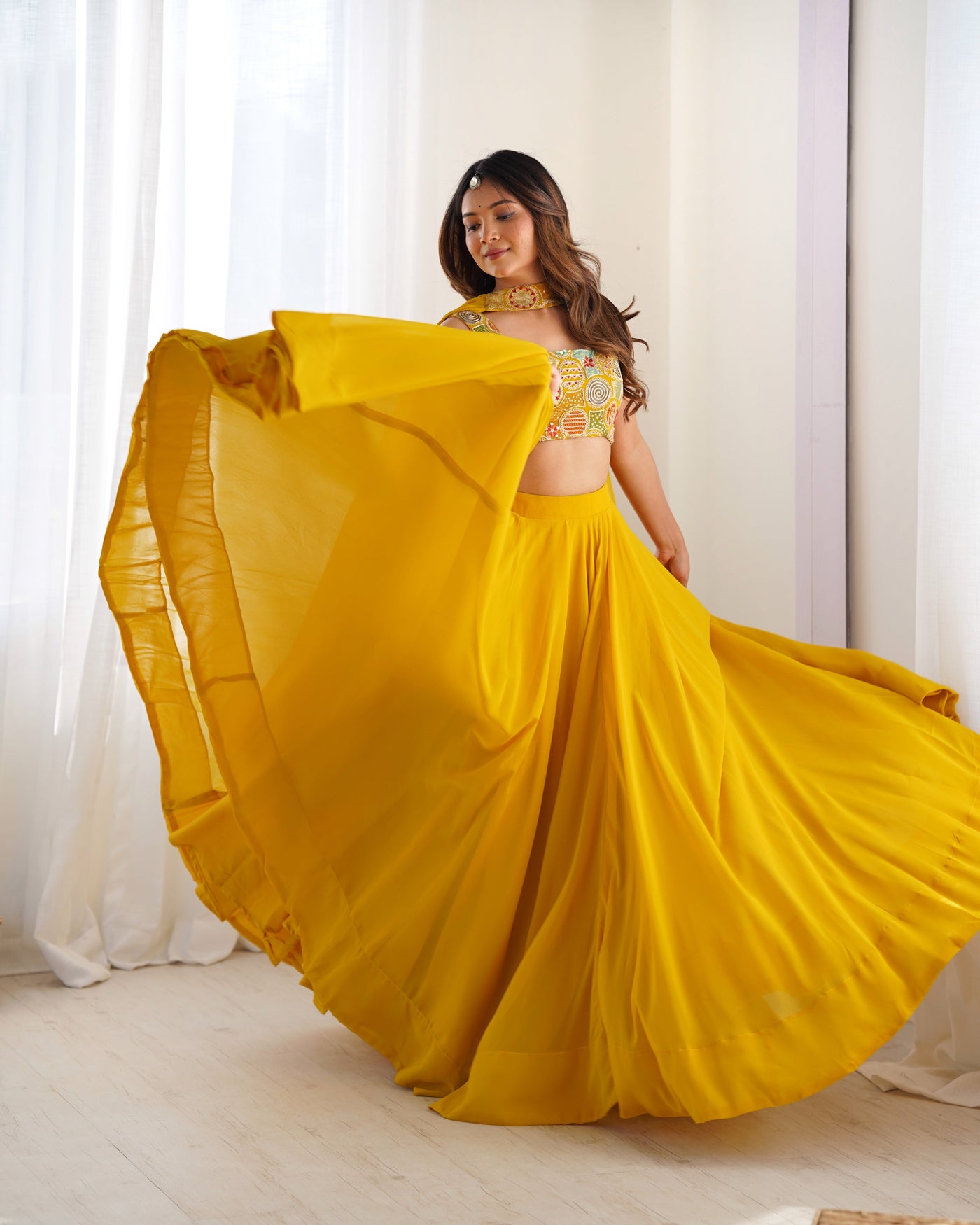 Radiant Yellow Pure Soft Fox Georgette Embroidered Lehenga Choli – 8 Meter Flair