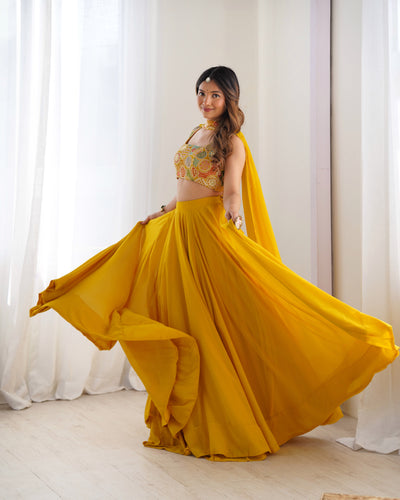 Radiant Yellow Pure Soft Fox Georgette Embroidered Lehenga Choli – 8 Meter Flair